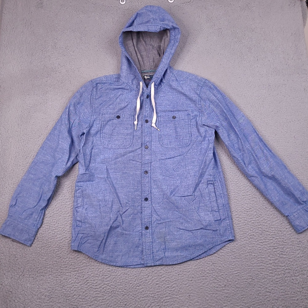 Modern Amusement Mens Large Blue Hooded Button Down Shirt Chambray Shacket